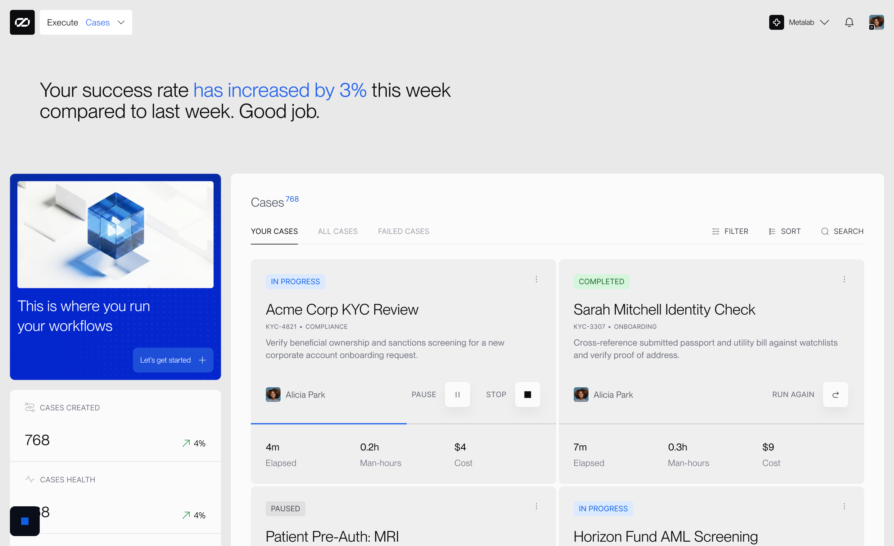 Run stage — production workflow dashboard