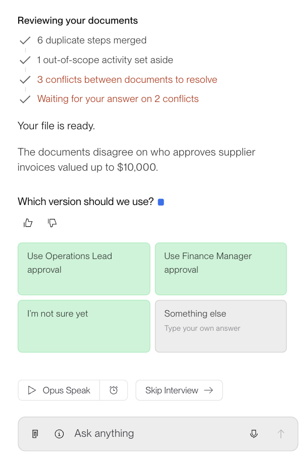 The Opus Discover chat reviewing uploaded documents: six duplicate steps merged, one out-of-scope activity set aside, three conflicts between documents to resolve, then the question &ldquo;Which version should we use?&rdquo; with Operations Lead approval, Finance Manager approval, not sure yet, and something else as answers, above the Opus Speak, Skip Interview and Ask anything controls.