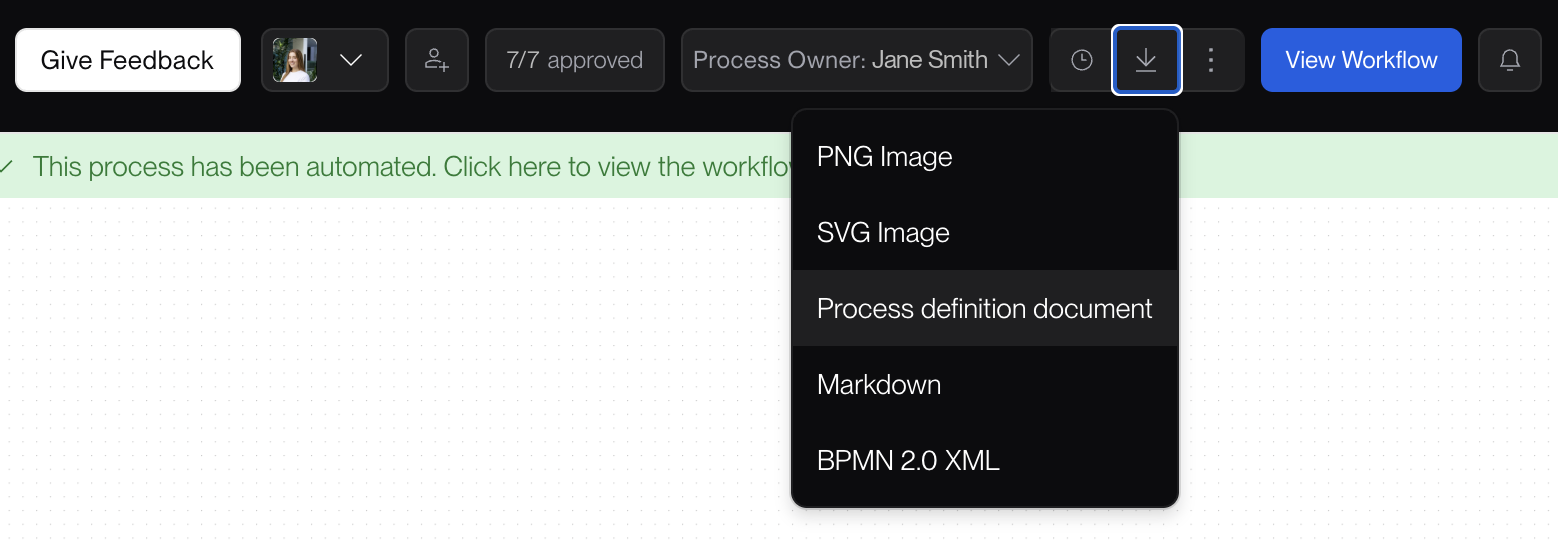 The Opus Discover canvas for an approved receipt-validation process, with the download menu open and Process definition document highlighted among PNG Image, SVG Image, Markdown and BPMN 2.0 XML.