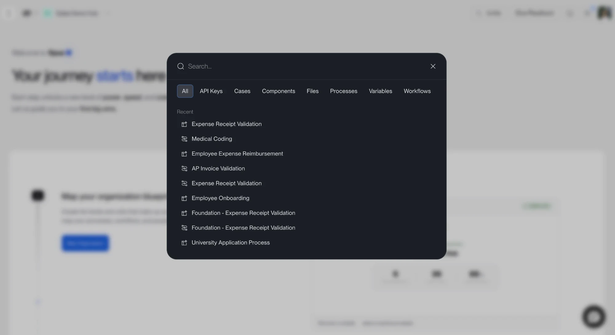 The Global Search dialog over a blurred Opus home screen: a search field, filter tabs for All, API Keys, Cases, Components, Files, Processes, Variables and Workflows, and a Recent list of processes and workflows such as Expense Receipt Validation, Medical Coding and Employee Onboarding.