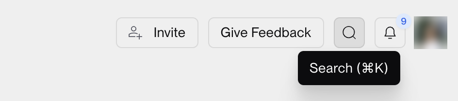 The Opus toolbar with Invite, Give Feedback, a search button and notifications; the search button is highlighted with a tooltip reading Search (Cmd K).